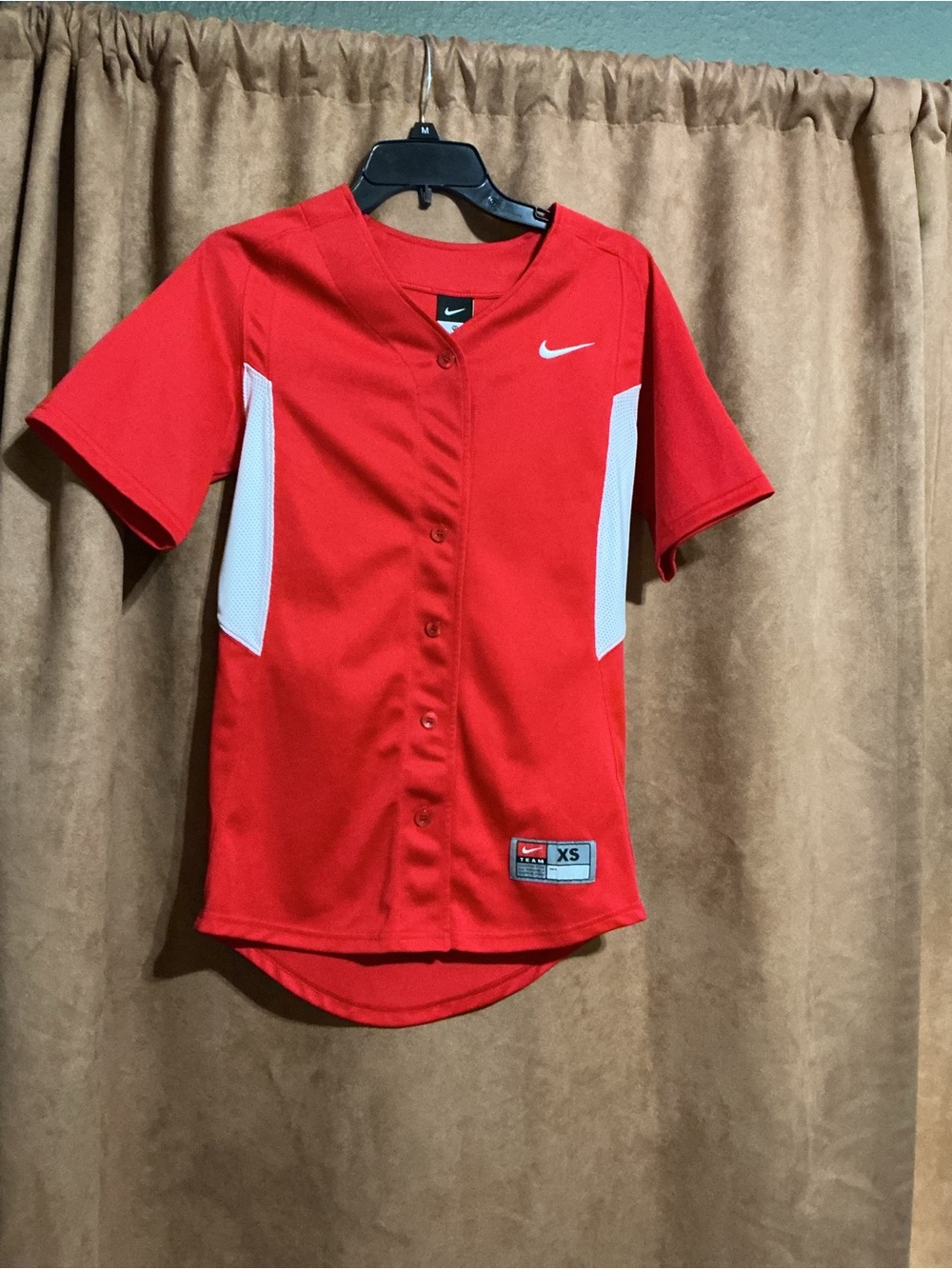 Nike Women’s Red Button-Up Athletic Jersey with White Panels
